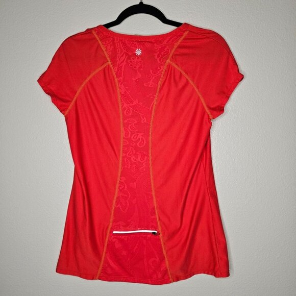 Athleta Size Medium Orange Breathable Mesh Short Sleeve Athletic Tee Zip Pocket - Picture 4 of 8